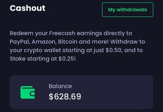 Freecash payout in the app